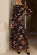 Round Neck Long Sleeves Floral Print Maxi Dress