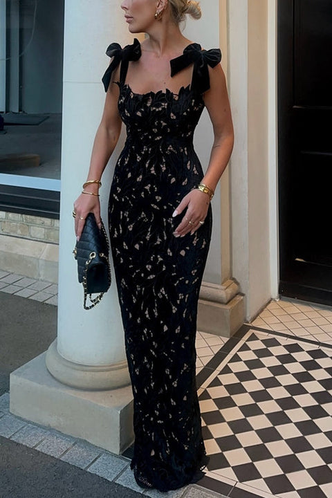 Karleedress Bow Shoulder Lace Hollow Out Bodycon Maxi Cami Dress
