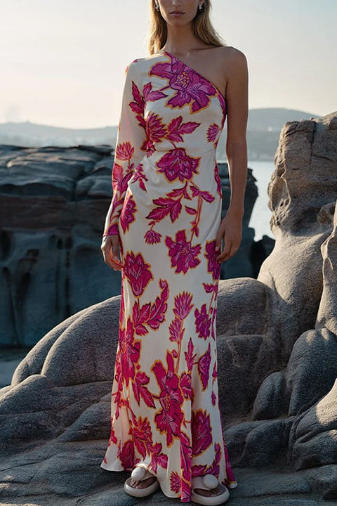 Karleedress One Shoulder Long Sleeve Floral Print Maxi Dress