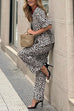 Karleedress Half Sleeves Button Up Ruffle Shirt and Straight Leg Pants Leopard Set