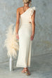 Ruffle Slant Shoulder Cut Out Waist Bodycon Maxi Dress