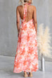 Halter V Neck Backless Floral Print Ruffle Slit Maxi Dress