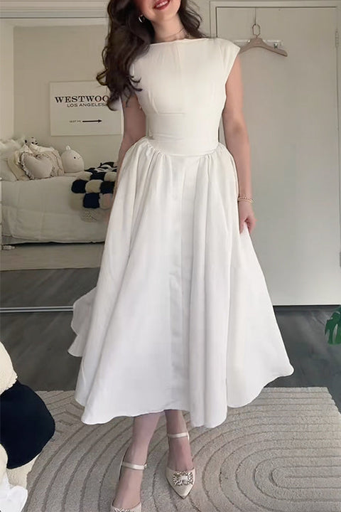 Karleedress Cap Sleeves Open Back Waisted Swing Midi Dress