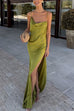 Karleedress High Slit Back Drape Cascading Satin Maxi Cami Dress