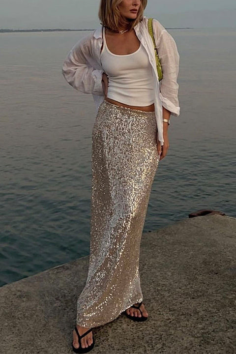 Karleedress Elastic Waist Sequin A-line Maxi Skirt