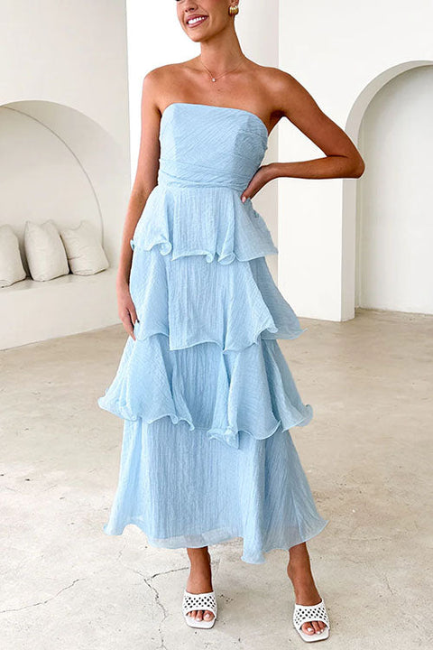 Karleedress Strapless Empire Waist Ruffle Layered Maxi Dress