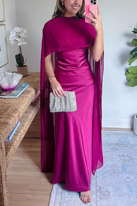 V Neck Open Back Cape Satin Maxi Dress