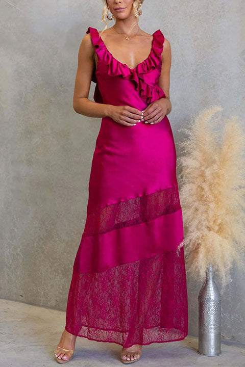 Ruffle Trim Sleeveless Open Back Lace Splice Satin Maxi Dress
