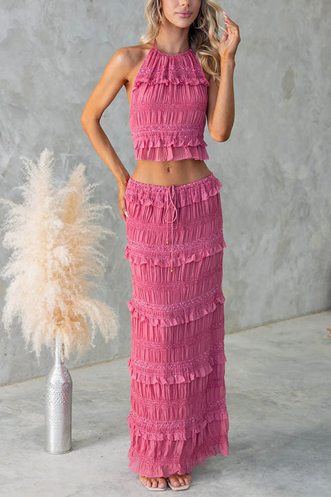 Karleedress Halter Backless Crop Top and Ruffle Tiered Maxi Skirt Chiffon Set