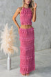 Karleedress Halter Backless Crop Top and Ruffle Tiered Maxi Skirt Chiffon Set