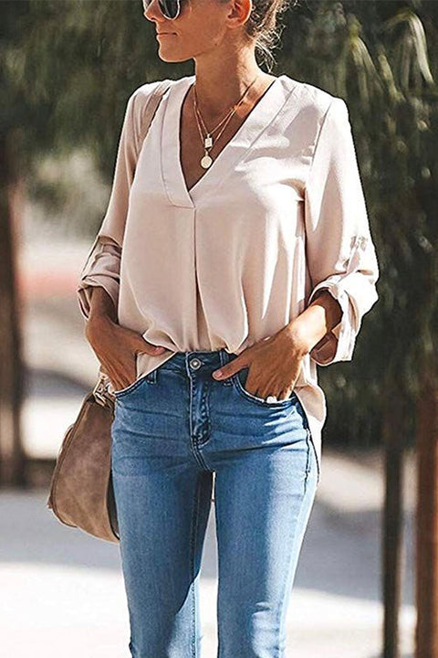Karleedress V Neck Roll Up Long Sleeves Blouse Shirt