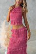 Karleedress Halter Backless Crop Top and Ruffle Tiered Maxi Skirt Chiffon Set