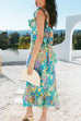 Sleeveless Ruffle Trim Bow Waist Floral Print Midi Vacation Dress