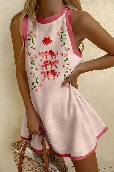 Karleedress Crewneck Tiger Print Floral Mini Tank Dress