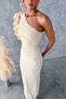 Ruffle Slant Shoulder Cut Out Waist Bodycon Maxi Dress