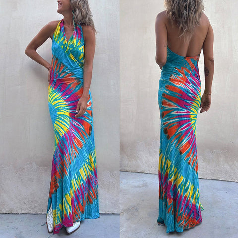Karleedress Sleeveless Halter Backless Maxi Tie Dye Dress
