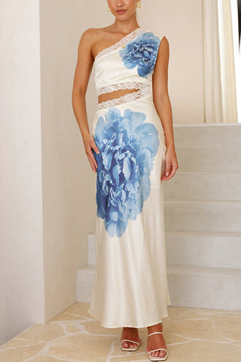 Karleedress One Shoulder Lace Trim Cut Out Sleeveless Maxi Dress