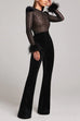 Karleedress Feather Cuffs Bell Bottom Velvet Splice Jumpsuit