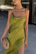 Karleedress High Slit Back Drape Cascading Satin Maxi Cami Dress