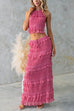 Karleedress Halter Backless Crop Top and Ruffle Tiered Maxi Skirt Chiffon Set