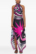 Karleedress Printed Halter Tie Knot Backless Top and Irregular Hem Maxi Skirt Set