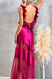 Ruffle Trim Sleeveless Open Back Lace Splice Satin Maxi Dress