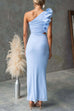 Frill One Shoulder Sleeveless Cut Out Waist Mesh Maxi Dress