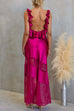 Ruffle Trim Sleeveless Open Back Lace Splice Satin Maxi Dress