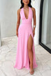Karleedress Deep V Neck Halter Tie Knot Backless Slit Maxi Dress