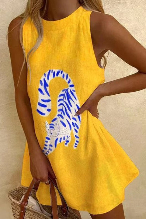 Karleedress Round Neck Sleeveless Cartoon Print Mini Dress