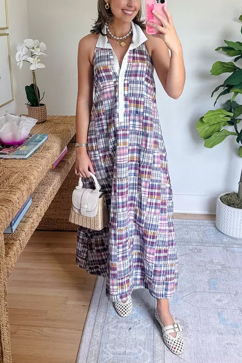 Sleeveless Button Up Check Print Maxi Dress