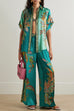 Karleedress Roll Up Short Sleeves Shirt and Wide Leg Pants Printed Satin Set