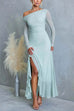 Asymmetric Shoulder Long Sleeves Slit Ruffle Maxi Dress