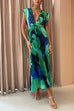 Karleedress V Neck Waisted Back Cut Out Printed Maxi Pleated Dress