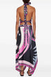 Karleedress Printed Halter Tie Knot Backless Top and Irregular Hem Maxi Skirt Set