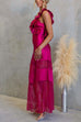 Ruffle Trim Sleeveless Open Back Lace Splice Satin Maxi Dress