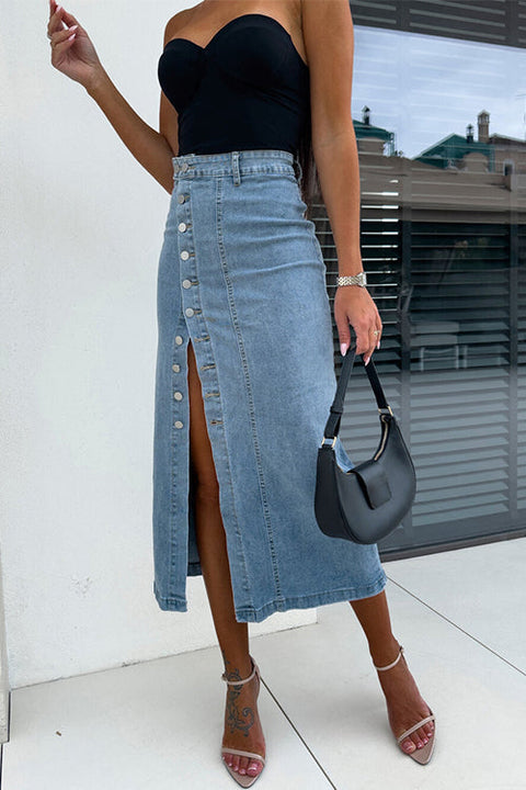Karleedress Button Down Slit Midi Denim Skirt