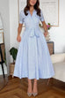 Short Sleeves Button Down Tie Waist Striped A-line Midi Dress