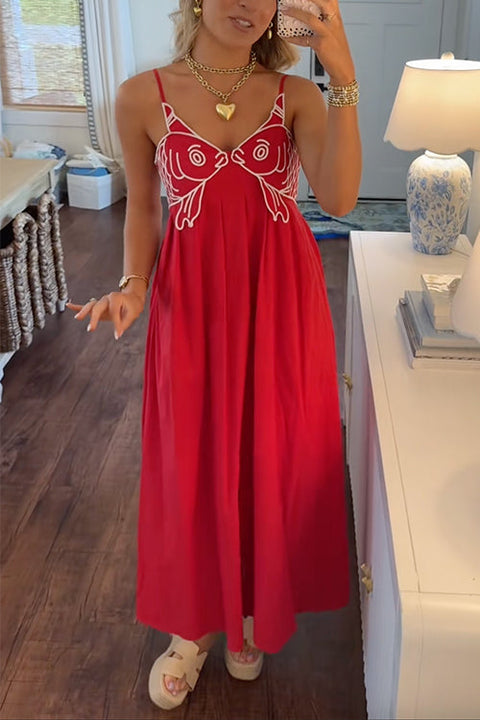 Karleedress Spaghetti Strap Twin Fish Embroidery Maxi Dress