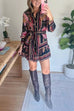 Long Sleeves Button Up Tie Waist Fioral Print Ruffle Mini Shirt Dress