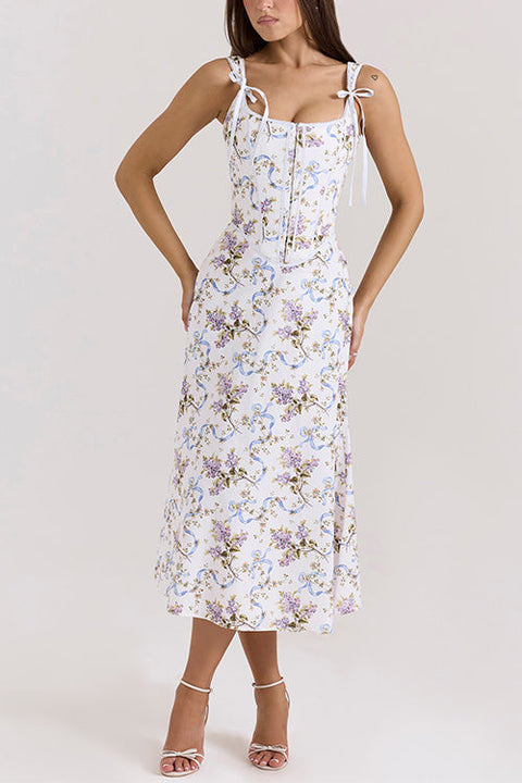 Karleedress Bow Shoulder Back Lace-up Floral Print Midi Cami Dress