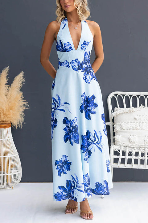 Halter V Neck Back Lace-up Waisted Floral Print Maxi Dress