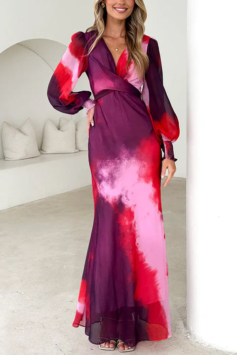 V Neck Puff Long Sleeves Tie Dye Maxi Dress
