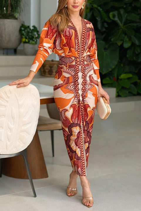 Karleedress V Neck Long Sleeves Ruched Slit Printed Midi Dress