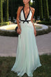 Karleedress Deep V Neck Halter Backless Color Block Bow Maxi Dress