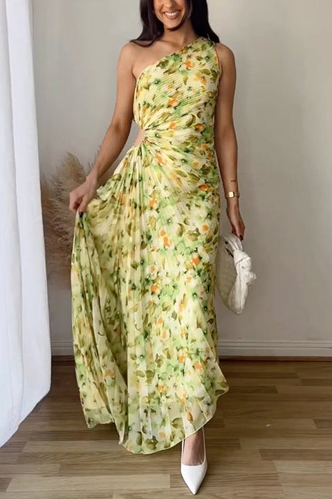 Karleedress One Shoulder Ruched Cut Out Asymmetric Hem Printed Maxi Dress