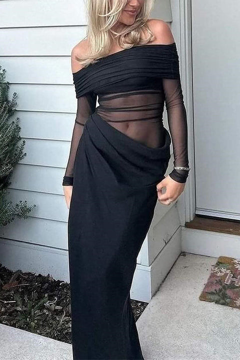 Karleedress Off Shoulder Long Sleeves Mesh Splice Maxi Dress