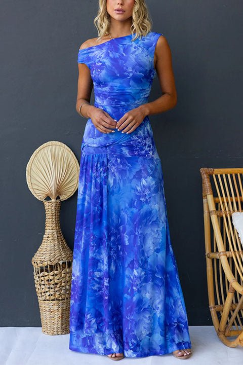 Asymmetric Shoulder Ruched Waist Floral Print Maxi Dress