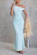 One Shoulder Ruched Bodycon Maxi Dress with Gold Spiral Accent
