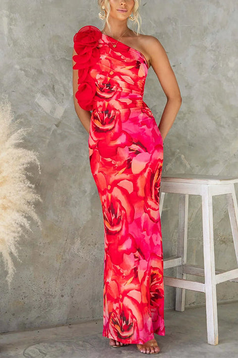 Karleedress Ruffle One Shoulder Floral Print Bodycon Maxi Dress